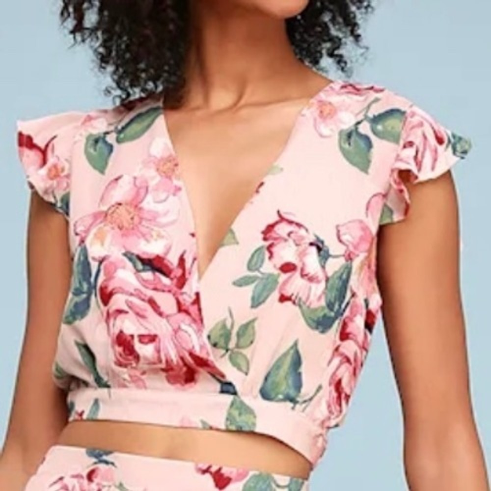 Lulus Floral Wrap Crop Top Pink Ruffle Tie Waist Small NWT